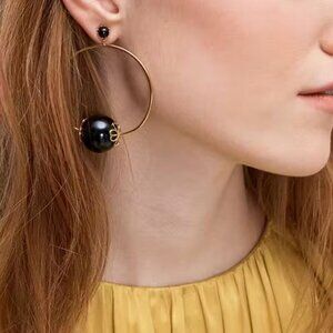 Kate Spade Pearlette Black Ball Charm Pierced Front Drop Hoop Gold Tone Earrings